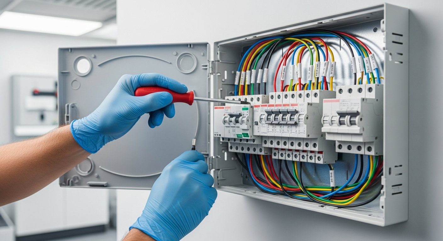 Professional electrician working on a modern consumer unit in a clean residential hallway
