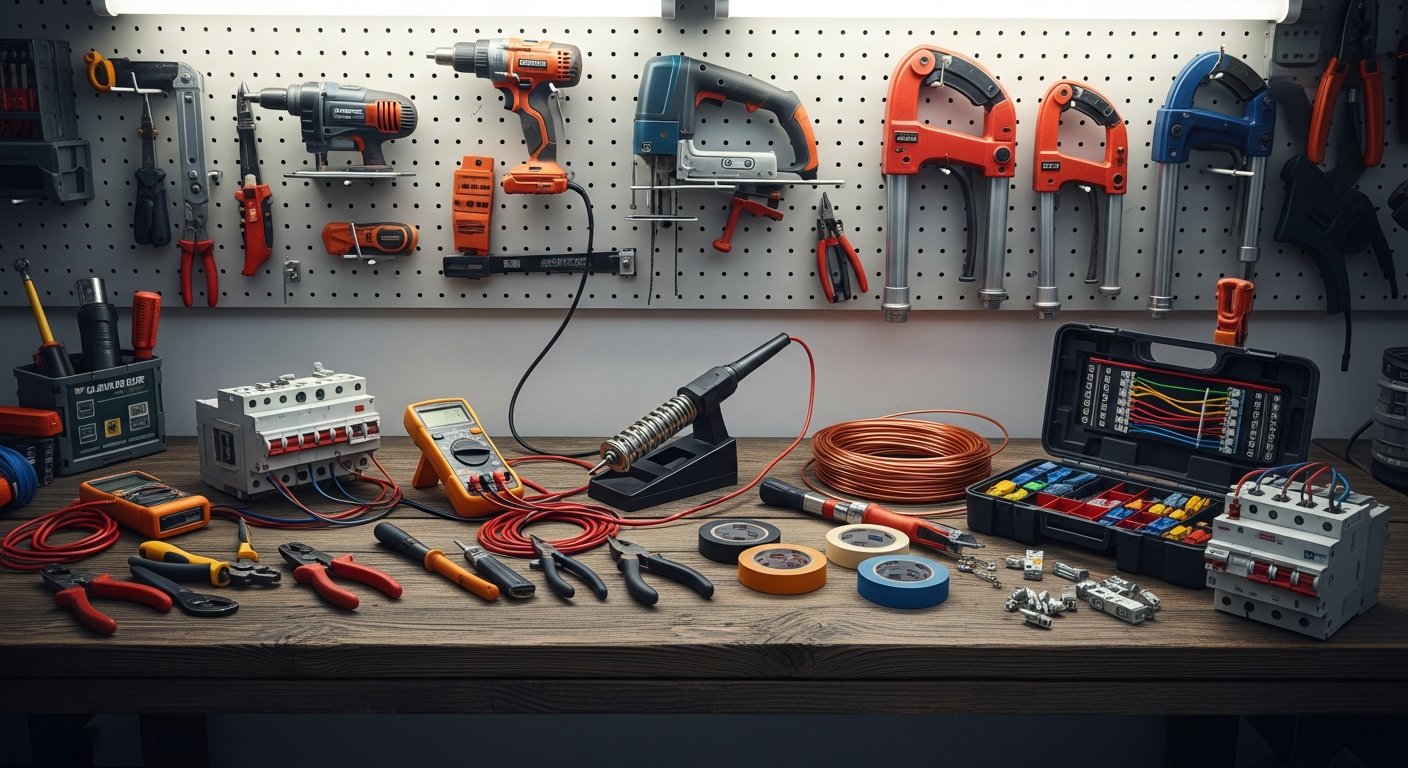 Professional electrician's tools arranged on a clean workbench — multimeter, cable strippers, MCBs and safety gloves